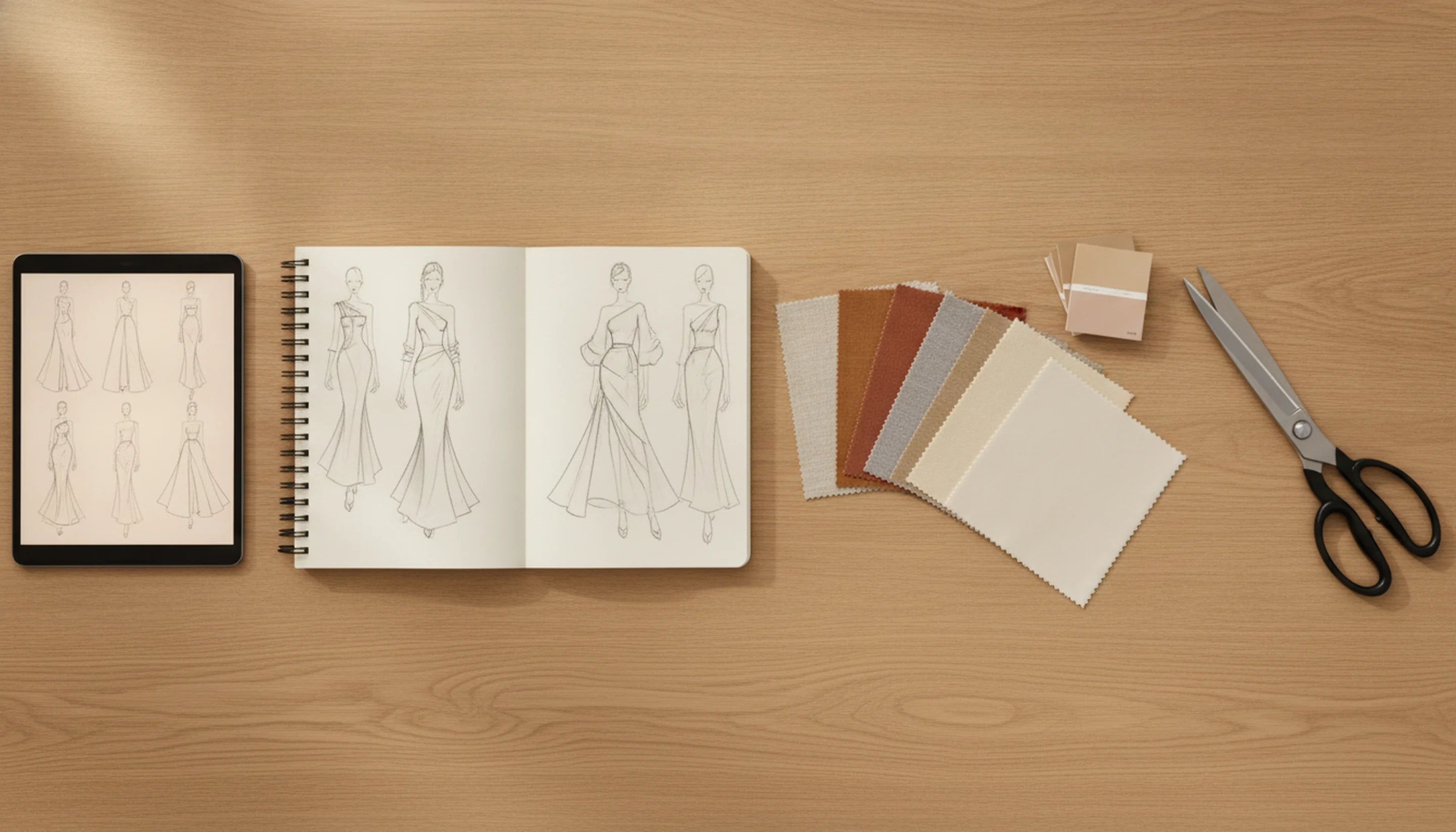 Mesa de trabajo de diseño de moda con tablet mostrando siluetas generadas con IA, cuaderno de figurines, muestrario de telas y tijeras