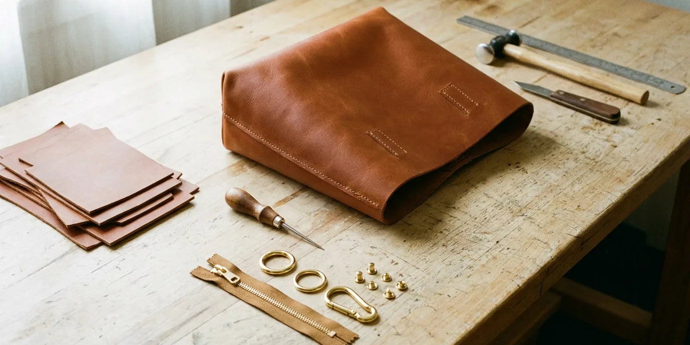 Confección de bolsos y carteras en taller de marroquinería con piezas de cuero y herrajes