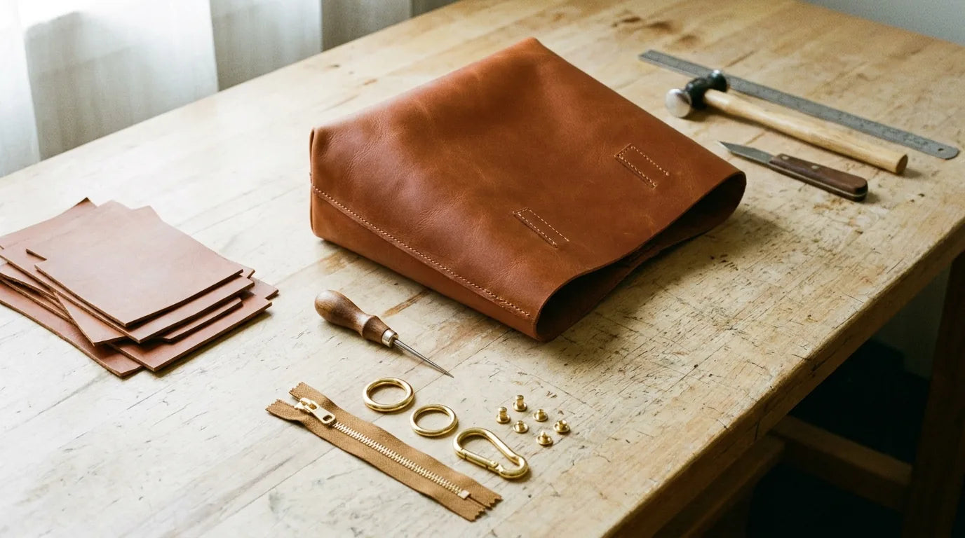 Confección de bolsos y carteras en taller de marroquinería con piezas de cuero y herrajes