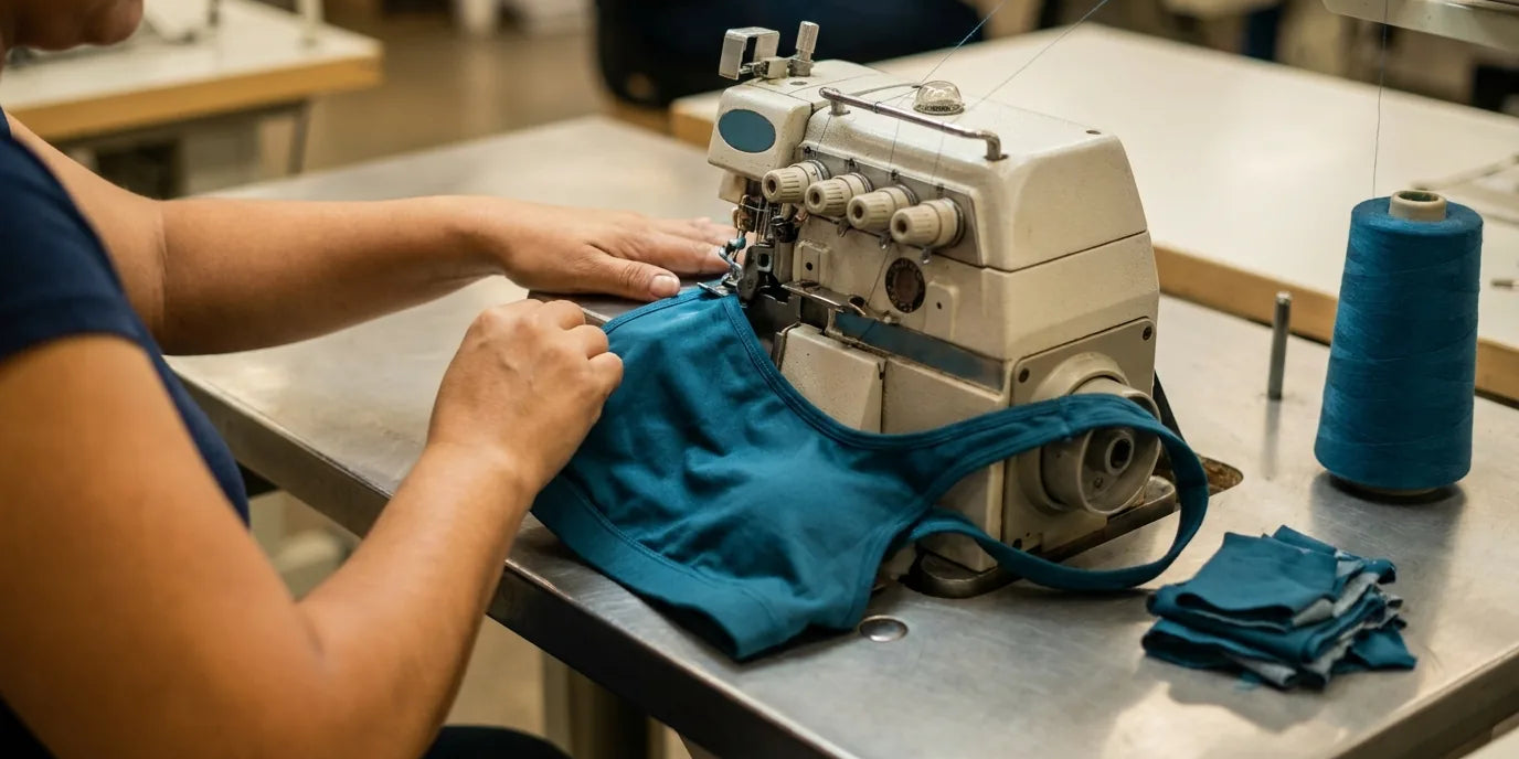 Confección de ropa deportiva en máquina industrial: costura de un top deportivo en tela elástica