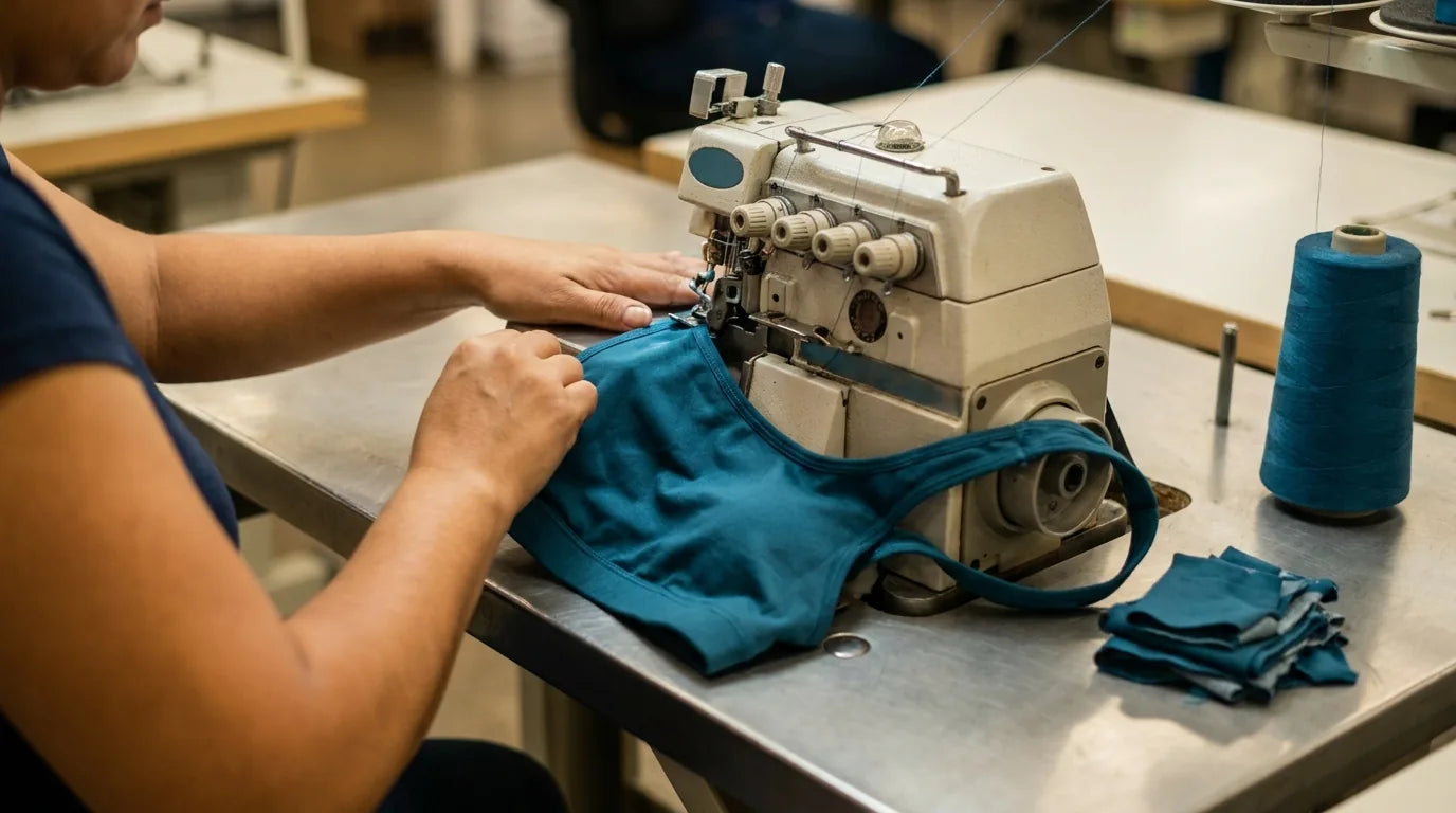 Confección de ropa deportiva en máquina industrial: costura de un top deportivo en tela elástica