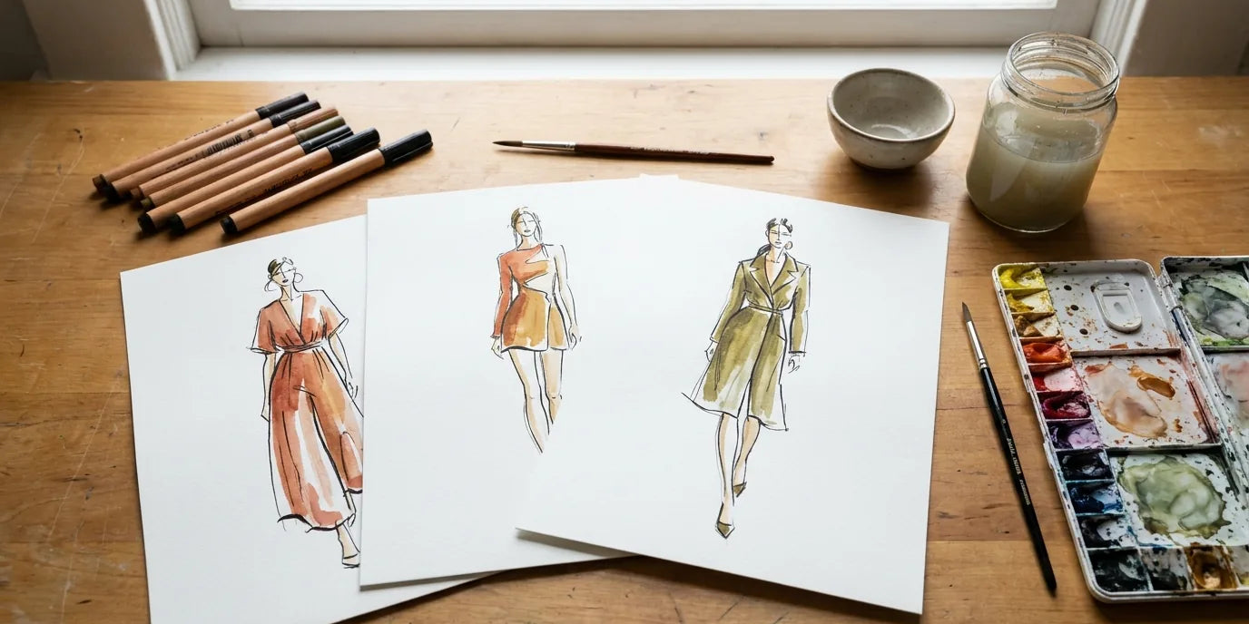 Ilustración de moda: figurines dibujados a mano con marcador y acuarela sobre papel