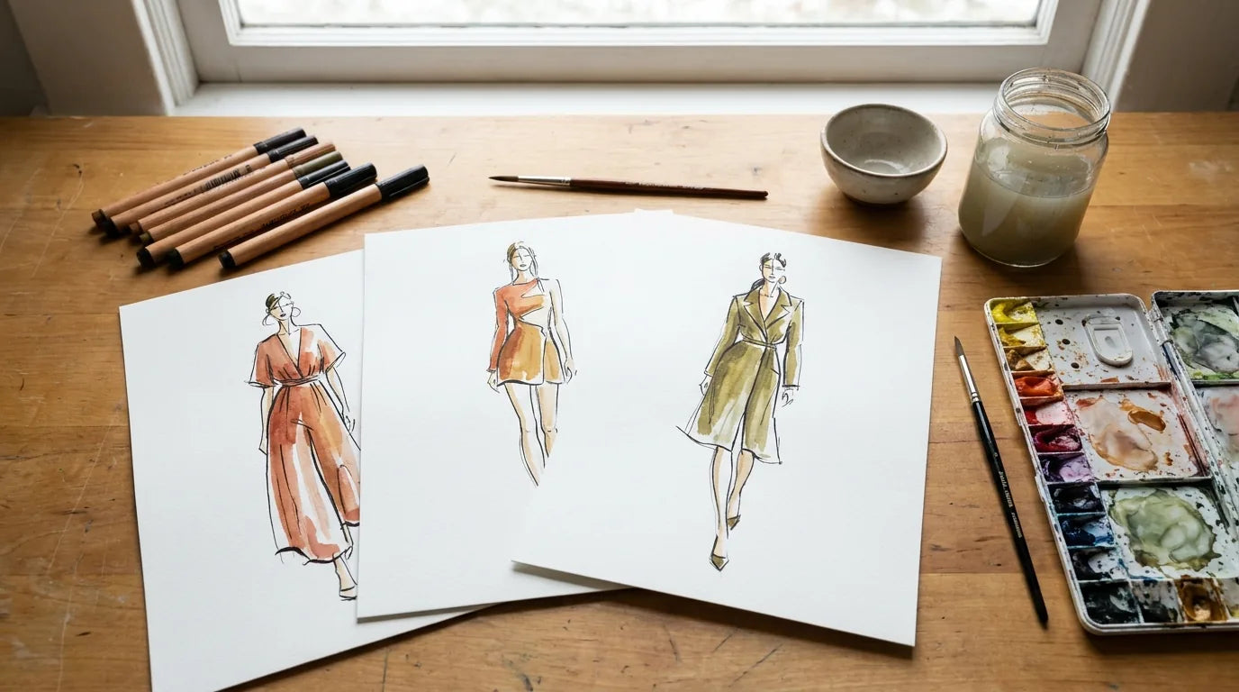 Ilustración de moda: figurines dibujados a mano con marcador y acuarela sobre papel