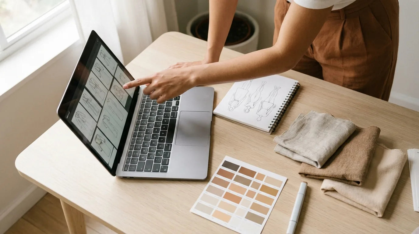 Diseñadora de moda trabajando con herramientas de inteligencia artificial en una laptop, con figurines y paleta de color sobre la mesa