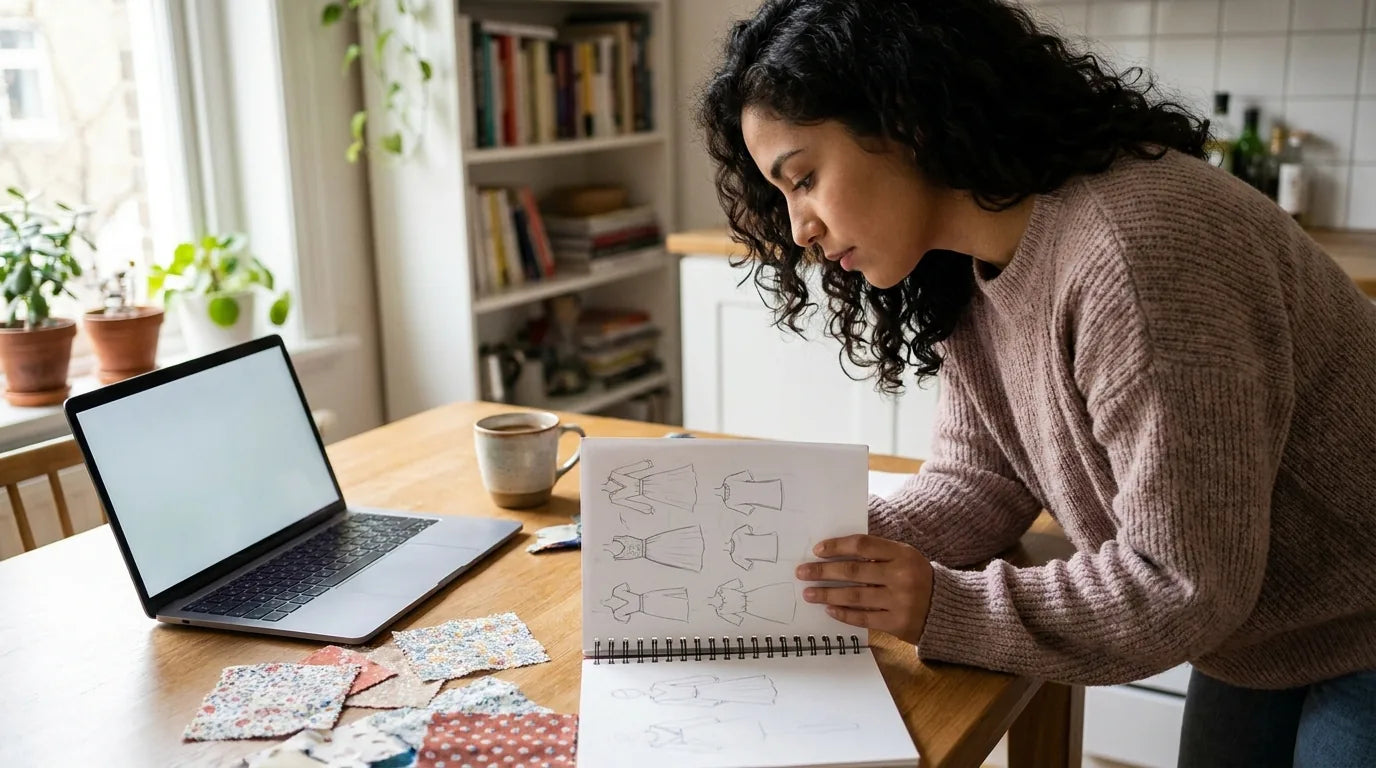 Persona iniciándose en diseño de moda con bocetos, muestras de tela y laptop sobre la mesa
