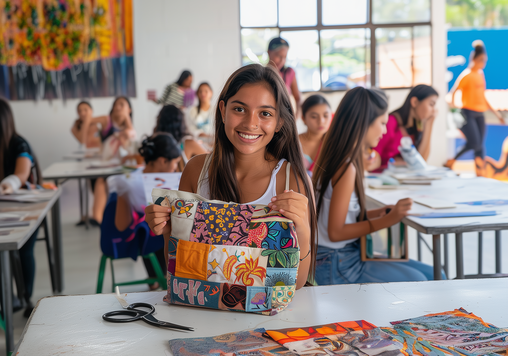 Alumna feliz exhibiendo trabajo en curso de diseño de moda para jóvenes