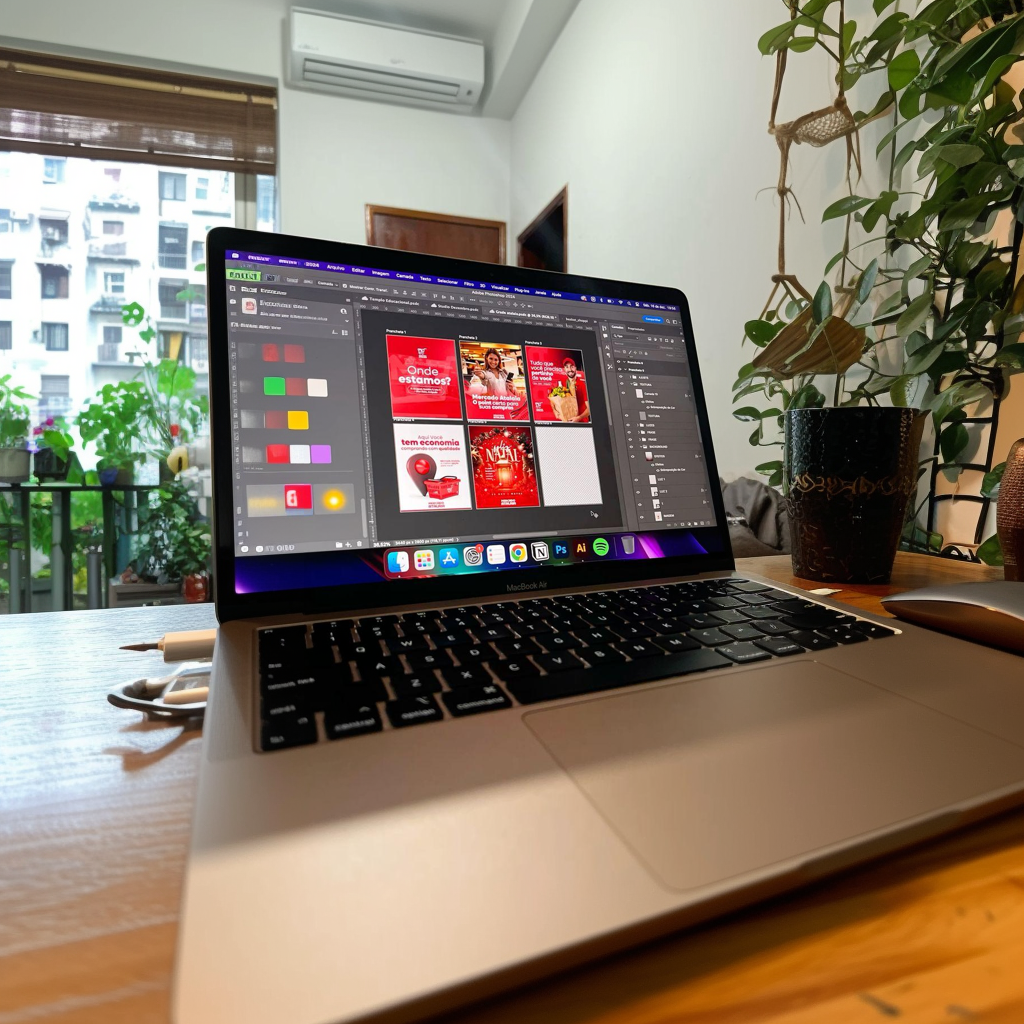 Diseño para redes sociales en laptop: creación de contenido visual para marcas de moda