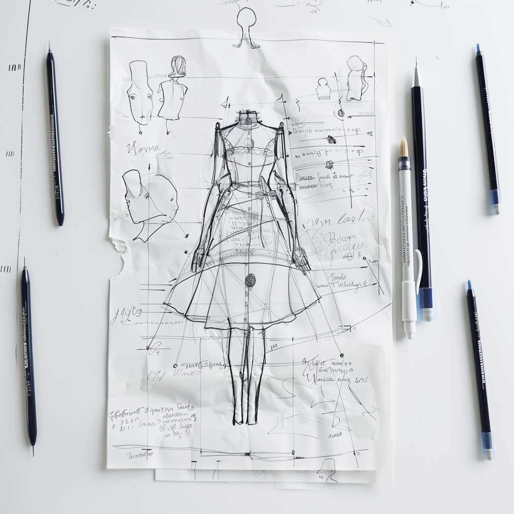 Esquema de ficha técnica de confección textil.