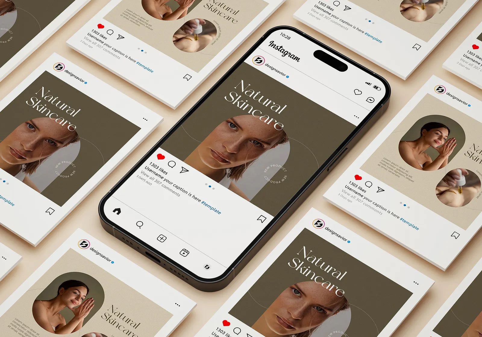 Ejemplo de diseño para redes sociales con publicaciones de Instagram en mockup